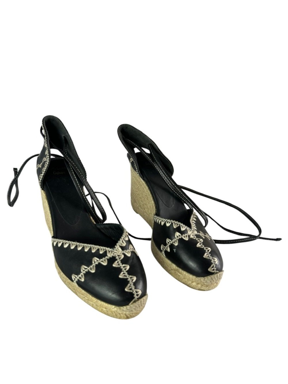 ALTUZARRA Castañer Black Leather Ankle Tie Espadrille Wedge Sandals 38 8